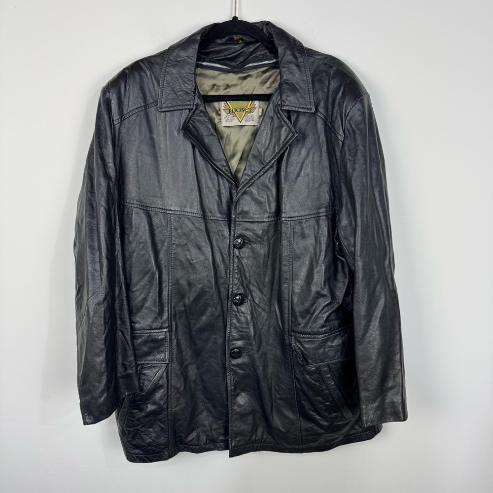 Vintage Phase Two 2 Black Leather Pea Coat Blazer Neutral y2k retro Fur lined